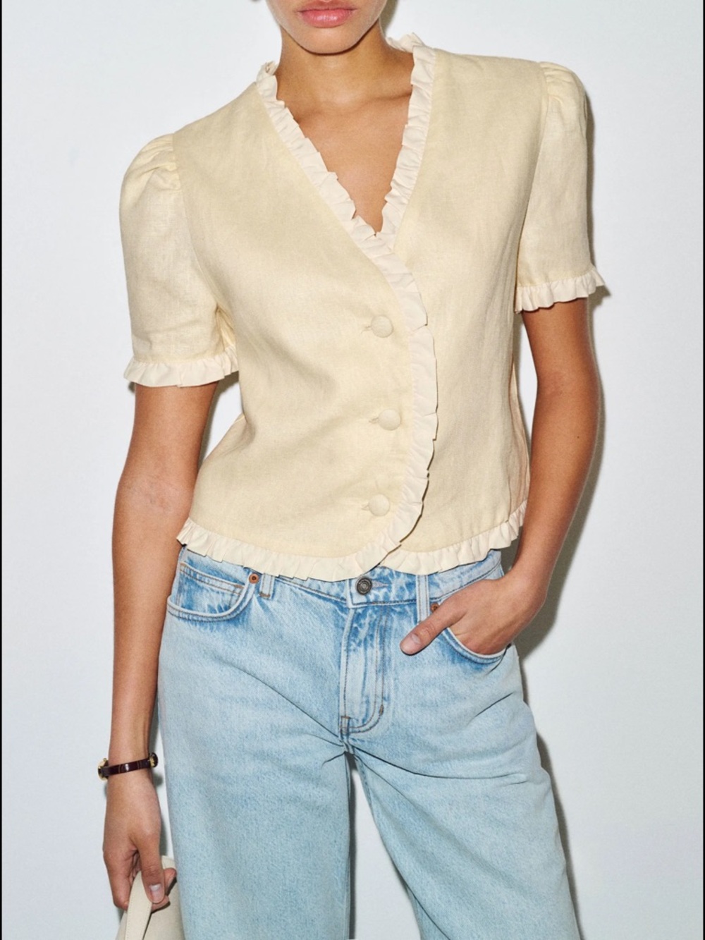 Reformation Bess Linen TopPale Yellow Ruffle-Trim Button Blouse